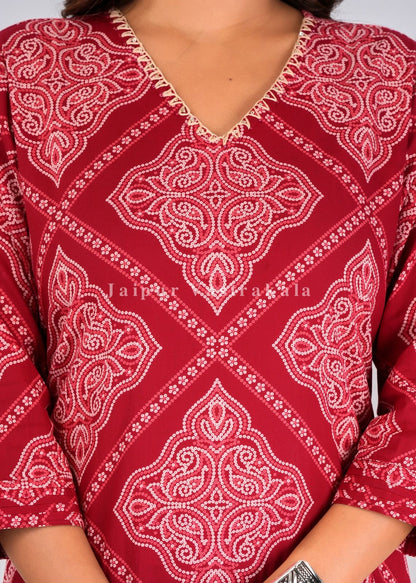 Red Bandhej Fusion Cotton Dupatta Set