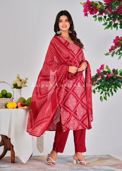 Red Bandhej Fusion Cotton Dupatta Set