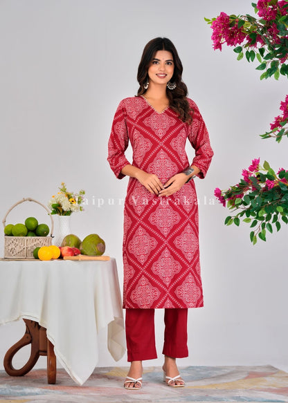 Red Bandhej Fusion Cotton Dupatta Set