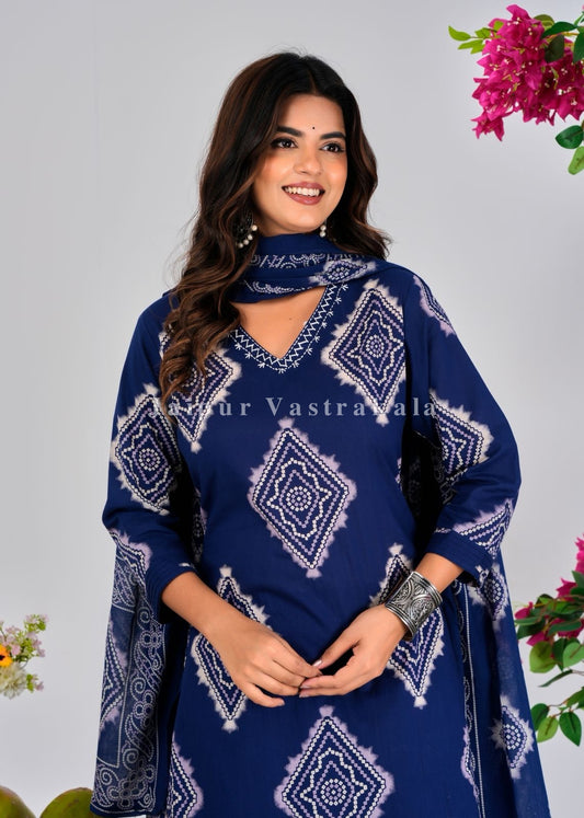Blue Bandhej Tile Cotton Dupatta Set