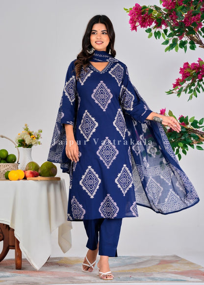 Blue Bandhej Tile Cotton Dupatta Set