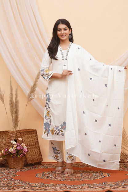 Blue Dobby Floral Embroidery Cotton Dupatta Set