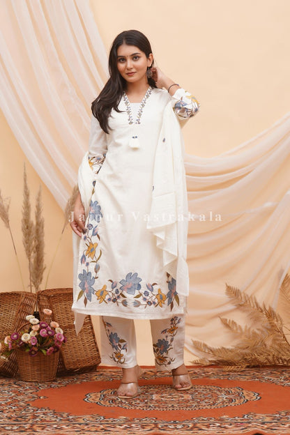 Blue Dobby Floral Embroidery Cotton Dupatta Set