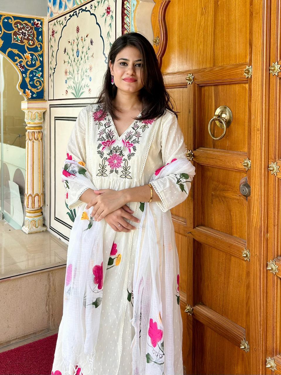 White Blush Canvas Cotton Anarkali Suit