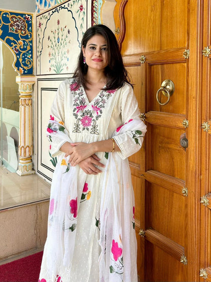 White Blush Canvas Cotton Anarkali Suit