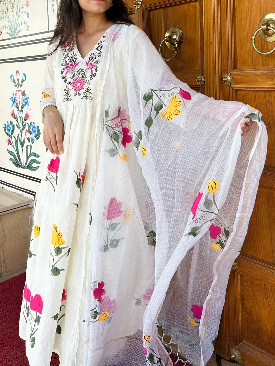 White Blush Canvas Cotton Anarkali Suit