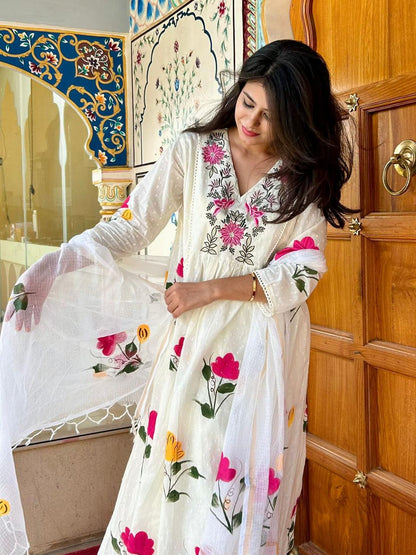White Blush Canvas Cotton Anarkali Suit