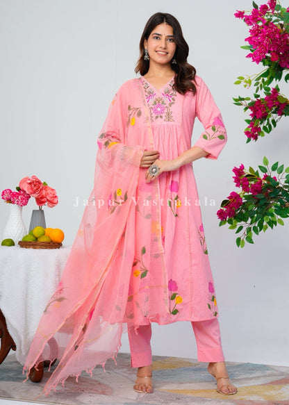 Peach Pink Canvas Cotton Anarkali Suit