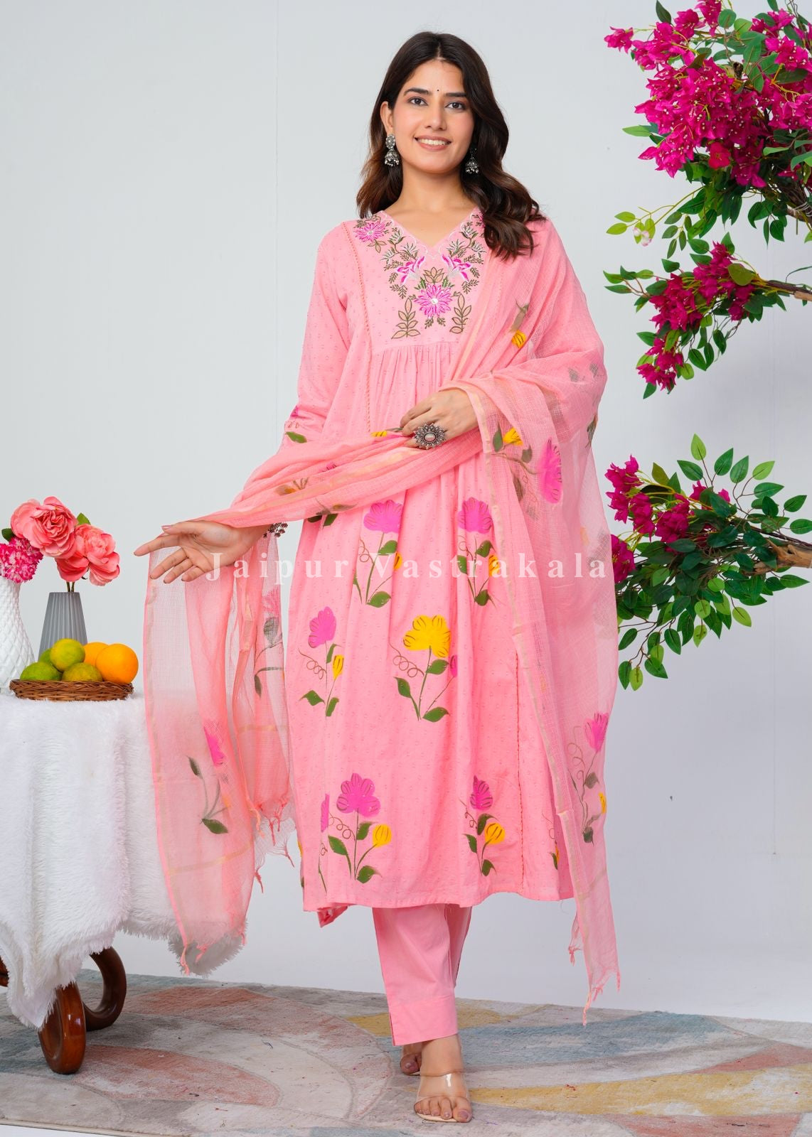 Peach Pink Canvas Cotton Anarkali Suit