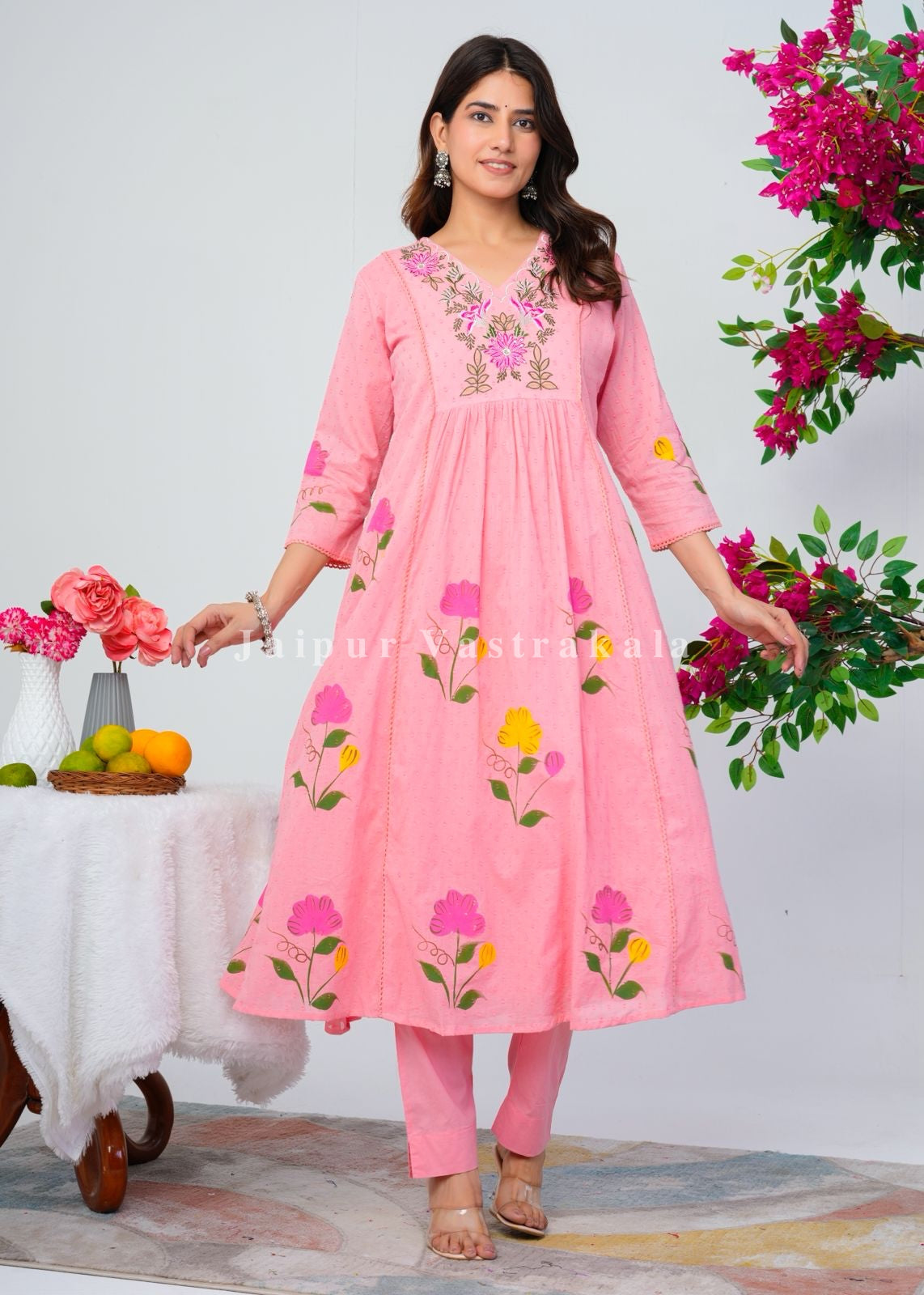Peach Pink Canvas Cotton Anarkali Suit