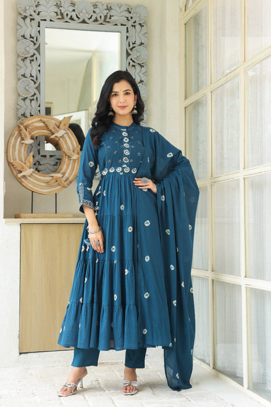 Teal Blue Fusion Mul Cotton Anarkali Suit
