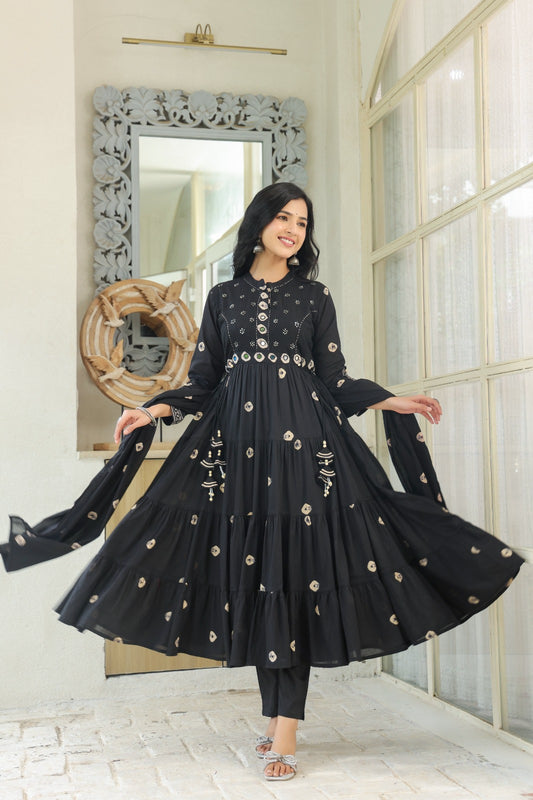 Black Fusion Mul Cotton Anarkali Suit