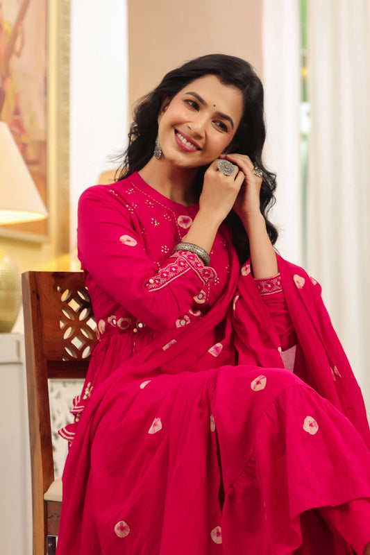 Rani Pink Fusion Mul Cotton Anarkali Suit