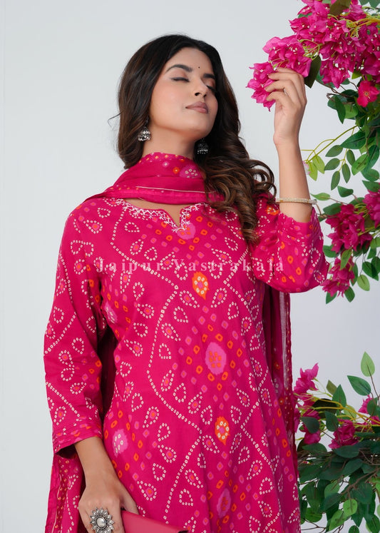 Pink Bandhani Grace Cotton Dupatta Set