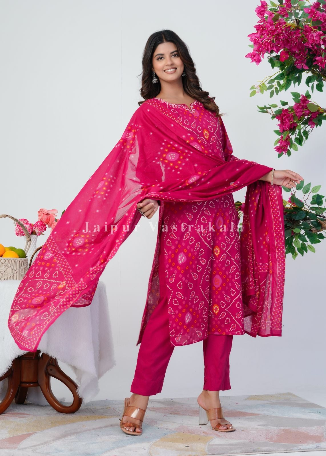 Pink Bandhani Grace Cotton Dupatta Set
