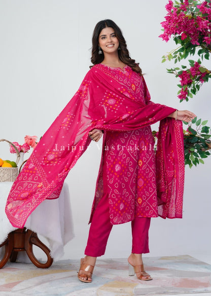 Pink Bandhani Grace Cotton Dupatta Set
