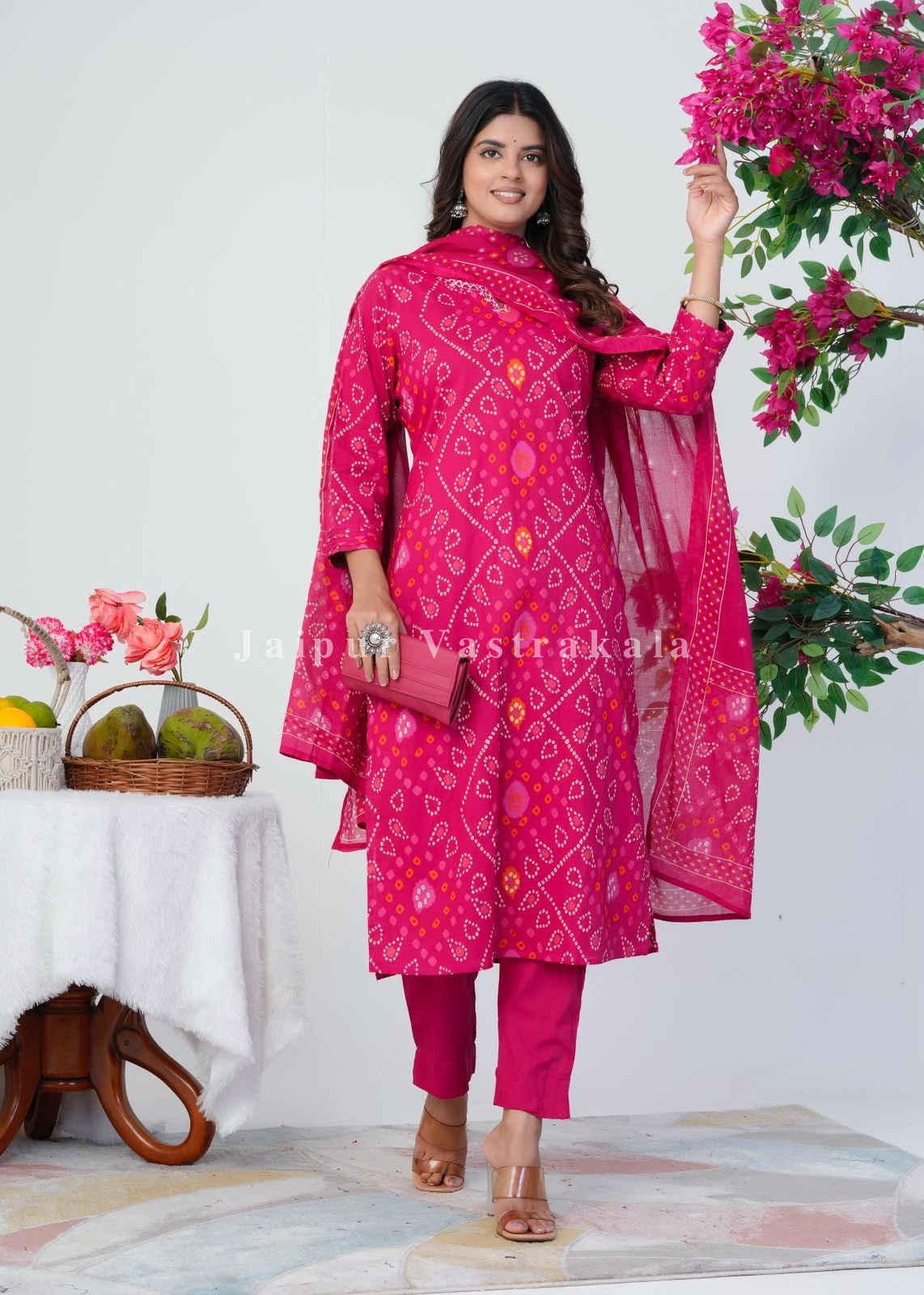 Pink Bandhani Grace Cotton Dupatta Set