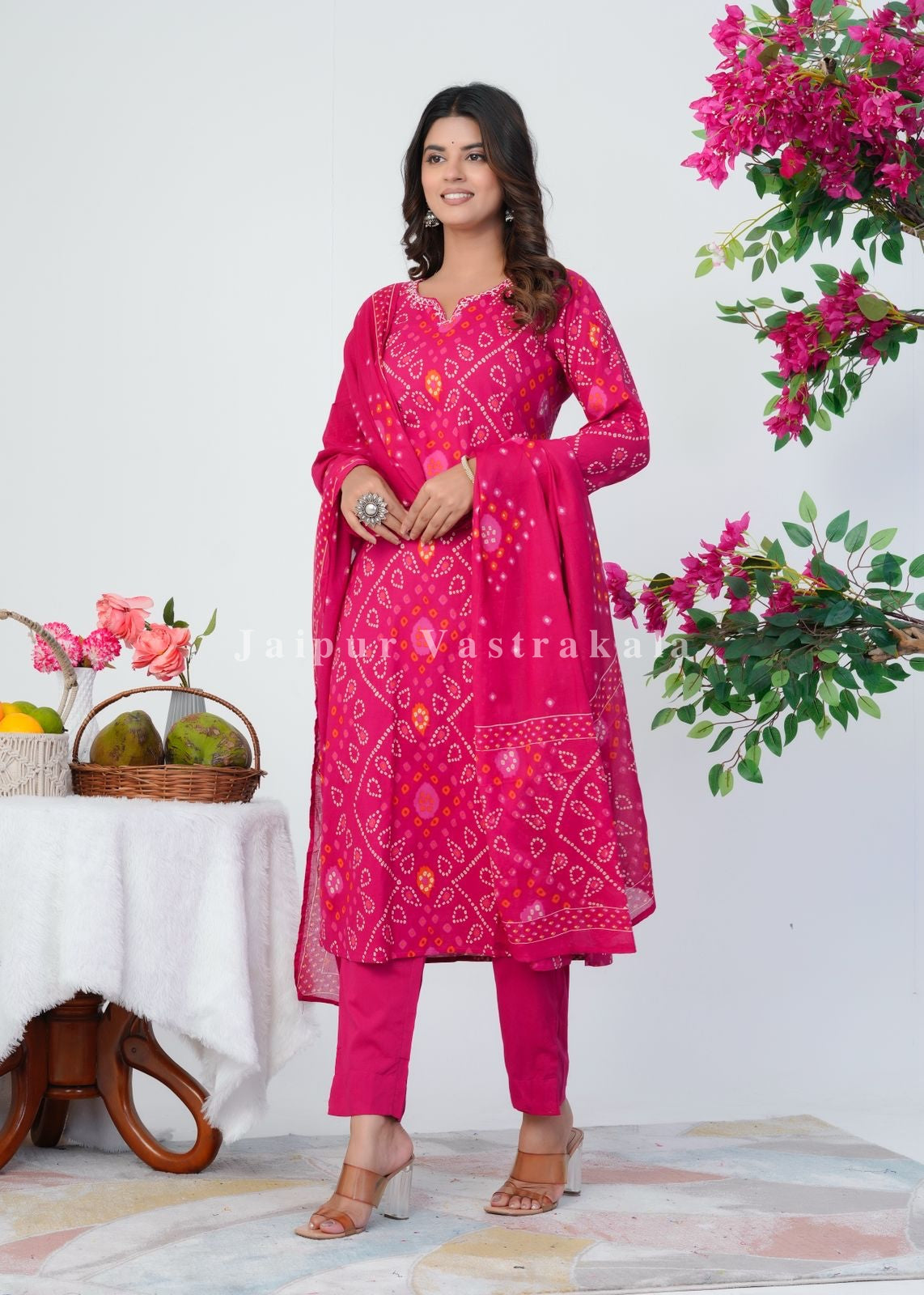 Pink Bandhani Grace Cotton Dupatta Set