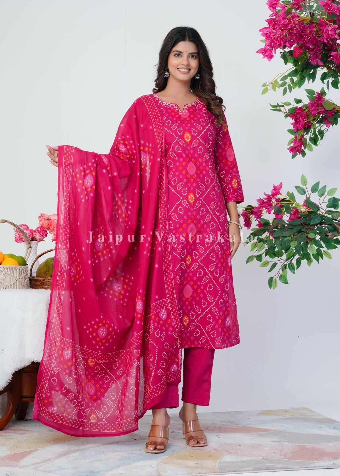 Pink Bandhani Grace Cotton Dupatta Set