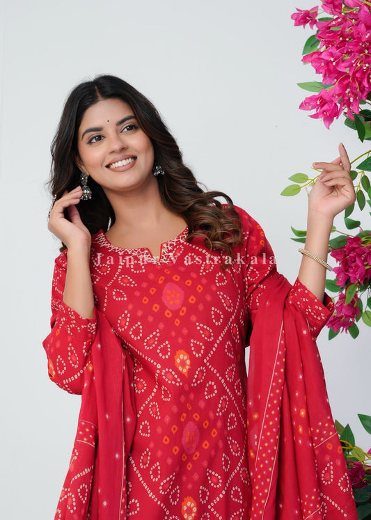 Red Bandhani Grace Cotton Dupatta Set