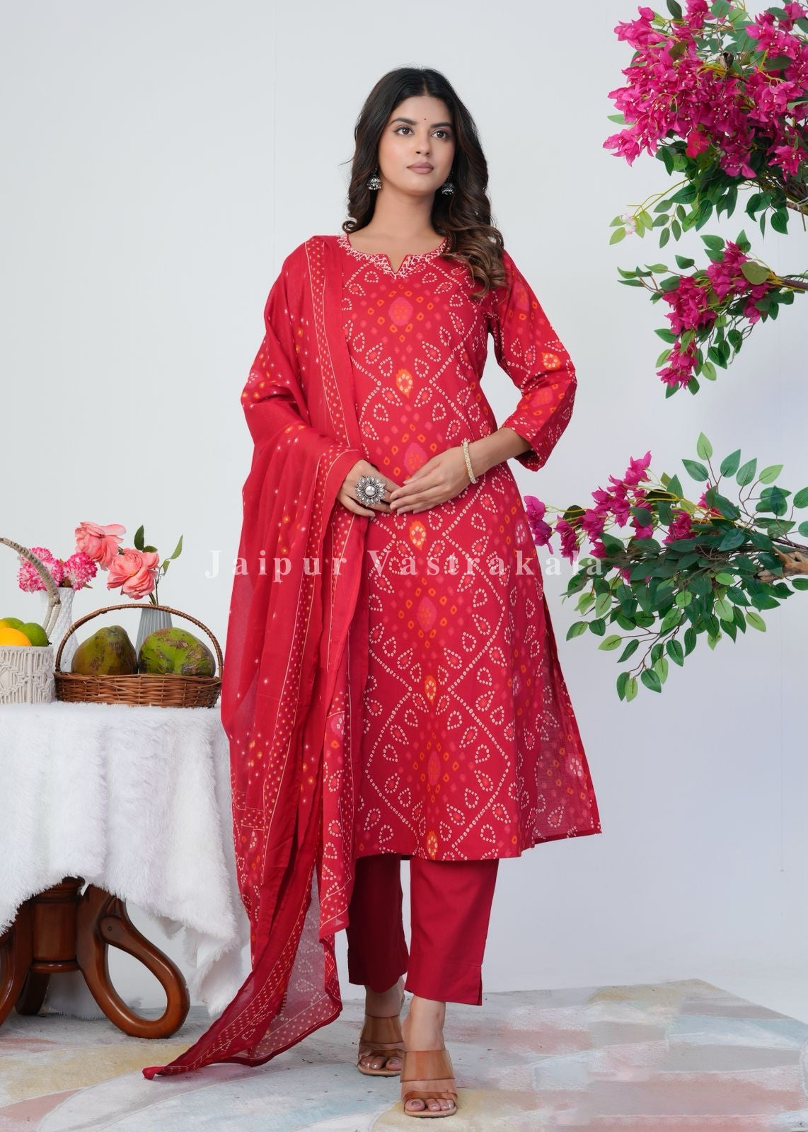 Red Bandhani Grace Cotton Dupatta Set