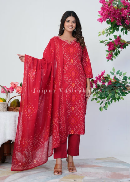 Red Bandhani Grace Cotton Dupatta Set