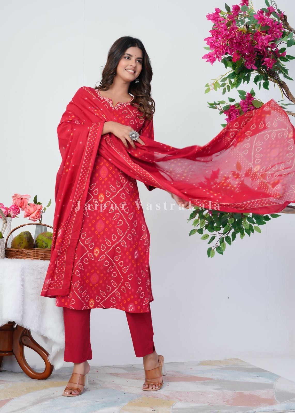 Red Bandhani Grace Cotton Dupatta Set