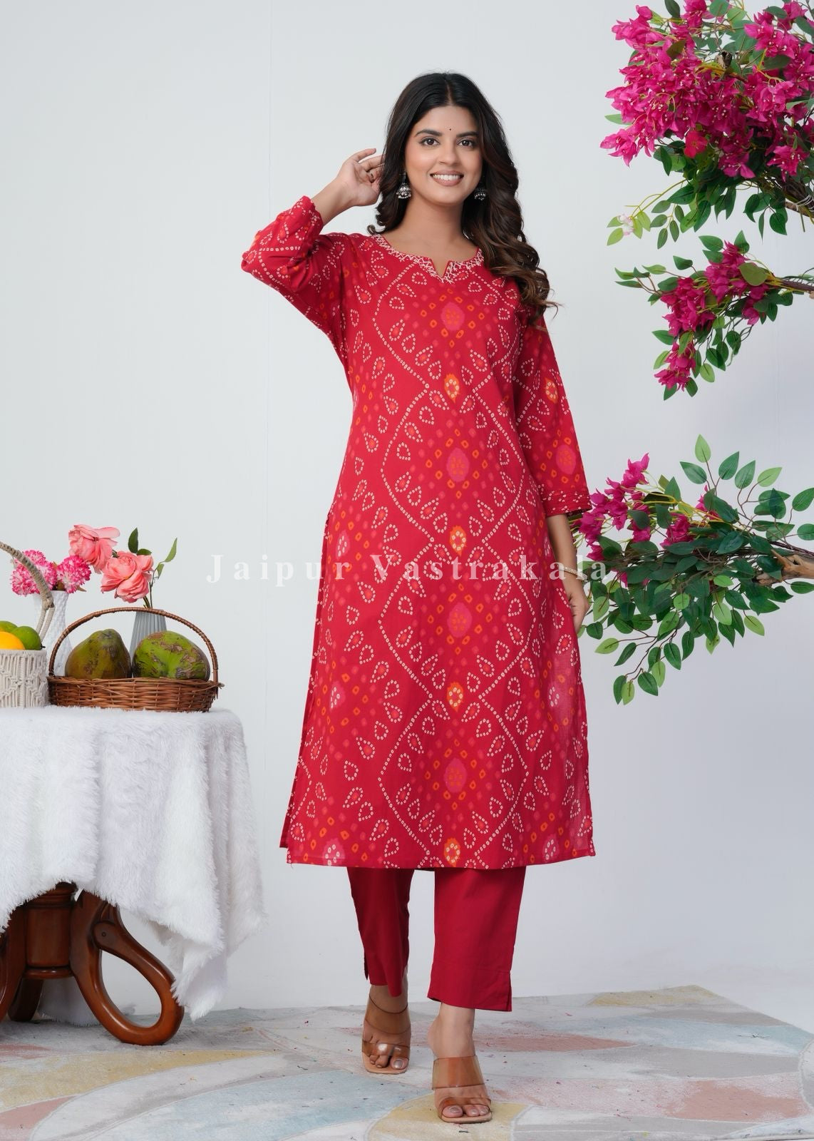 Red Bandhani Grace Cotton Dupatta Set