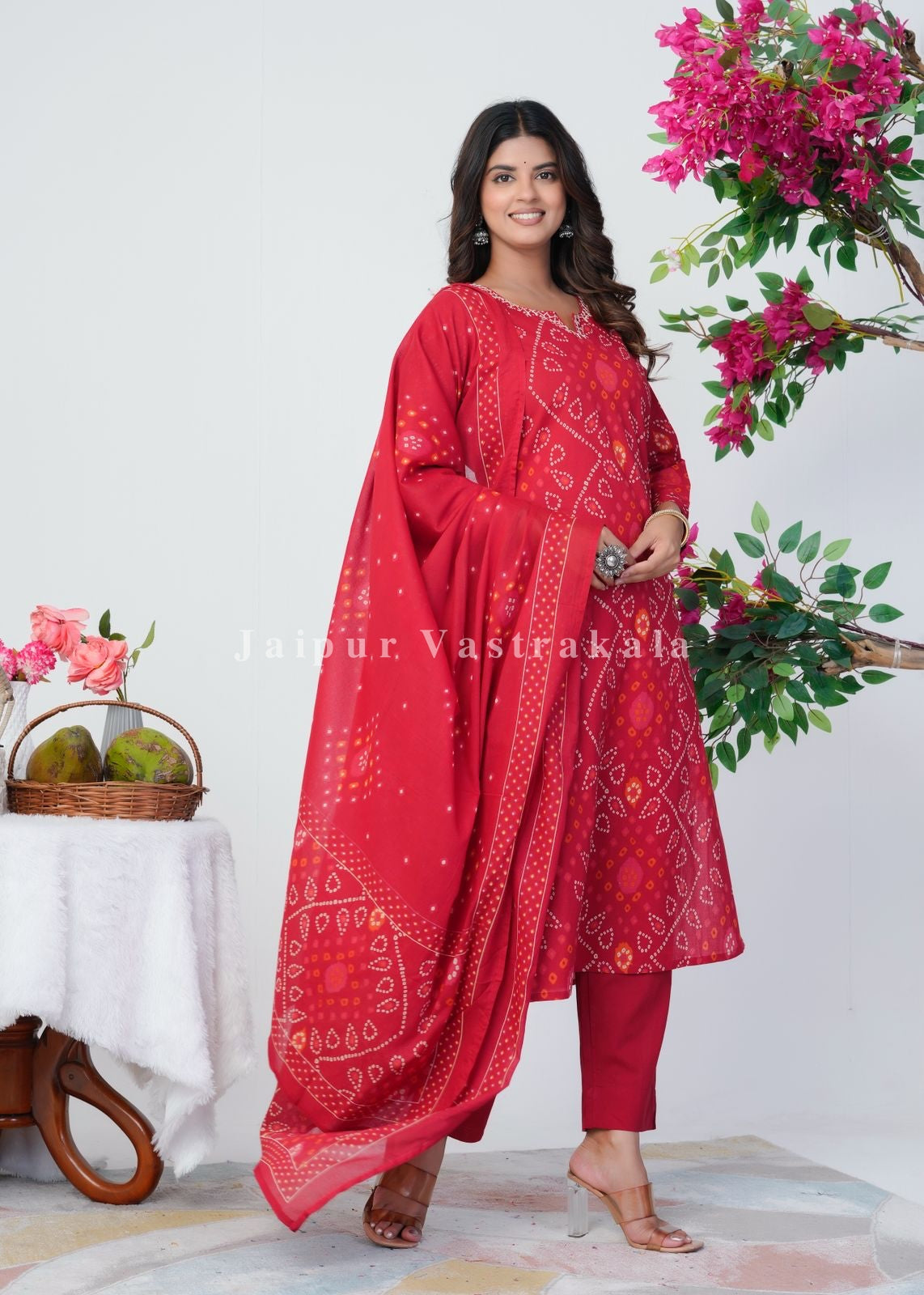 Red Bandhani Grace Cotton Dupatta Set
