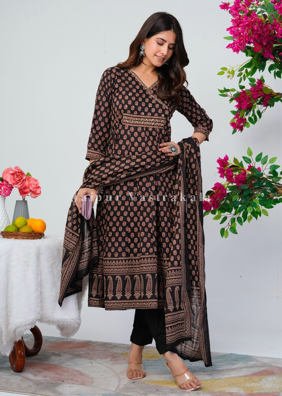 Shahi Black Festive Angrakha Anarkali Suit