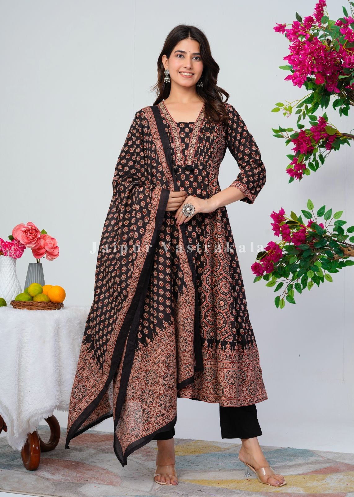 Black Ajrakh Layering Anarkali Suit