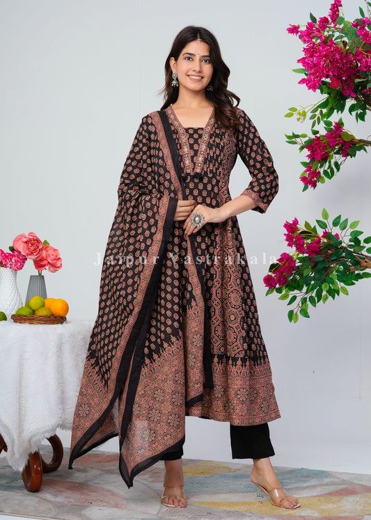Black Ajrakh Layering Anarkali Suit