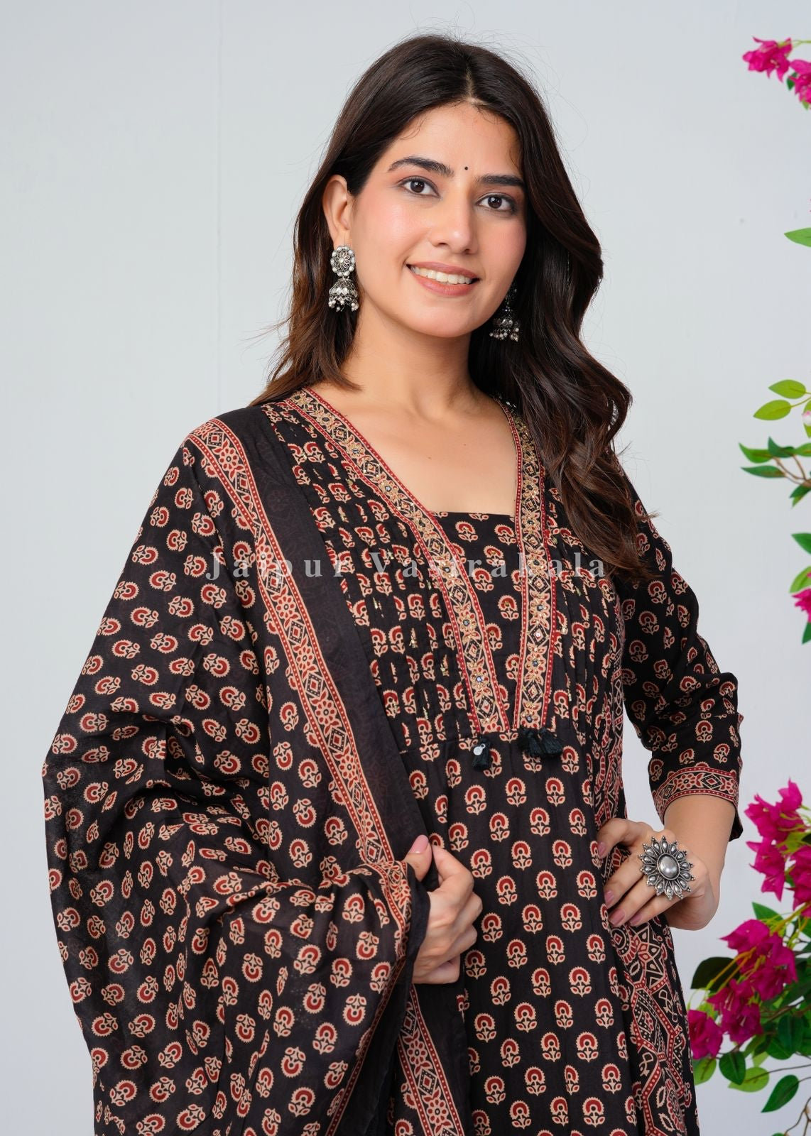 Black Ajrakh Layering Anarkali Suit