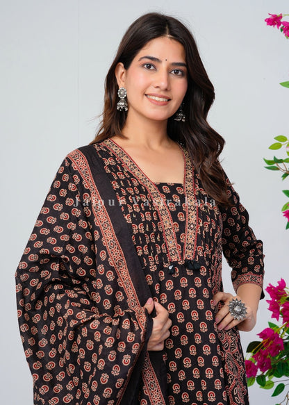 Black Ajrakh Layering Anarkali Suit