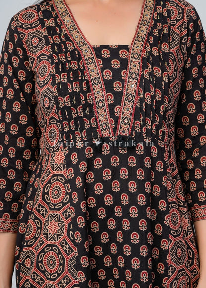 Black Ajrakh Layering Anarkali Suit
