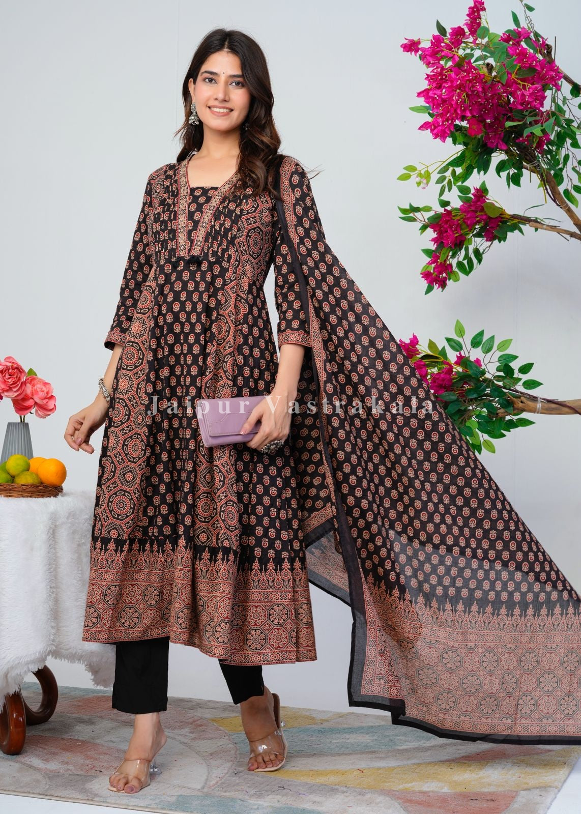 Black Ajrakh Layering Anarkali Suit