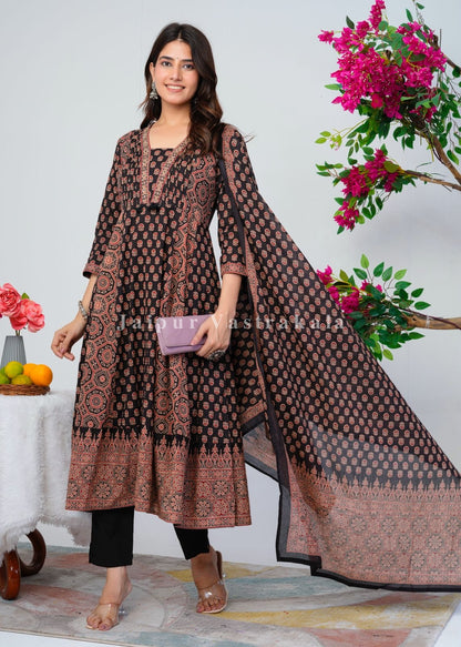 Black Ajrakh Layering Anarkali Suit