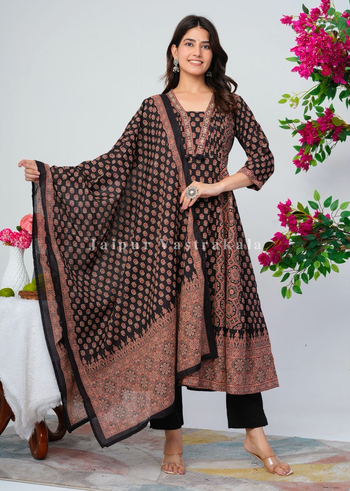 Black Ajrakh Layering Anarkali Suit