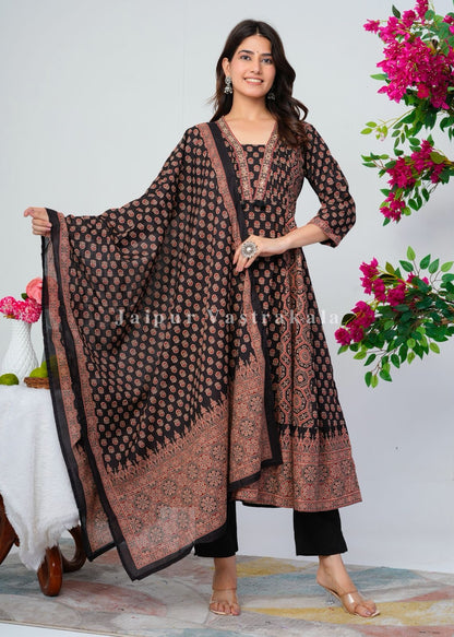 Black Ajrakh Layering Anarkali Suit