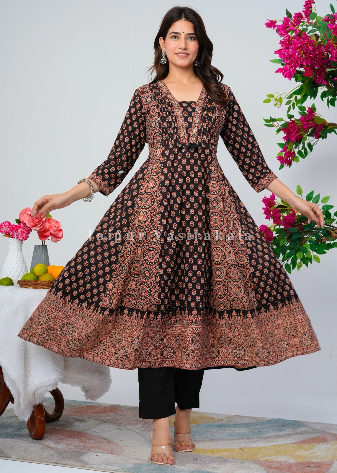 Black Ajrakh Layering Anarkali Suit
