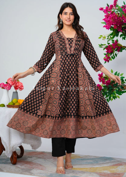 Black Ajrakh Layering Anarkali Suit