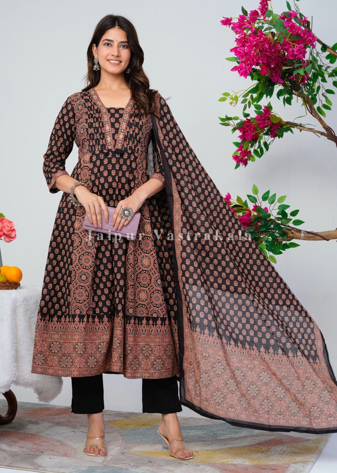 Black Ajrakh Layering Anarkali Suit