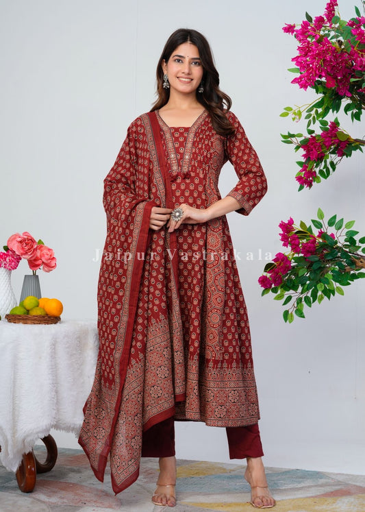 Maroon Ajrakh Layering Anarkali Suit