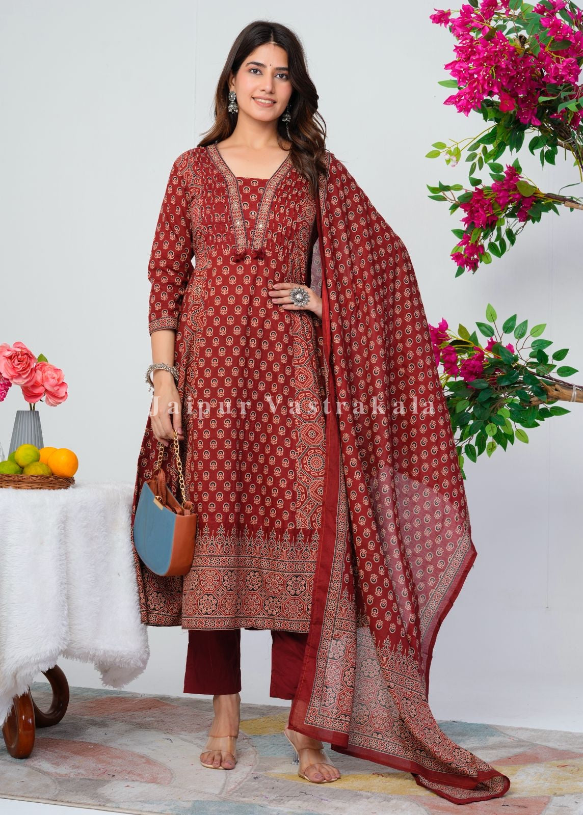 Maroon Ajrakh Layering Anarkali Suit