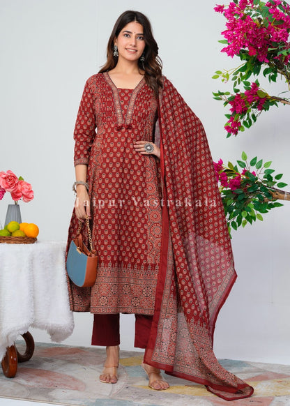 Maroon Ajrakh Layering Anarkali Suit