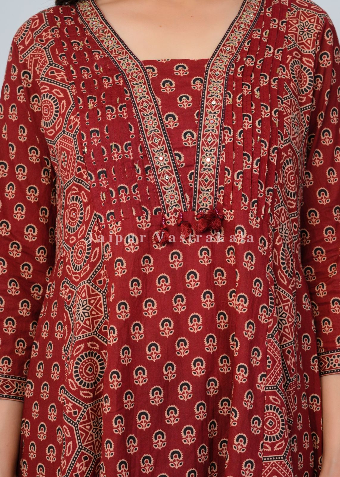 Maroon Ajrakh Layering Anarkali Suit