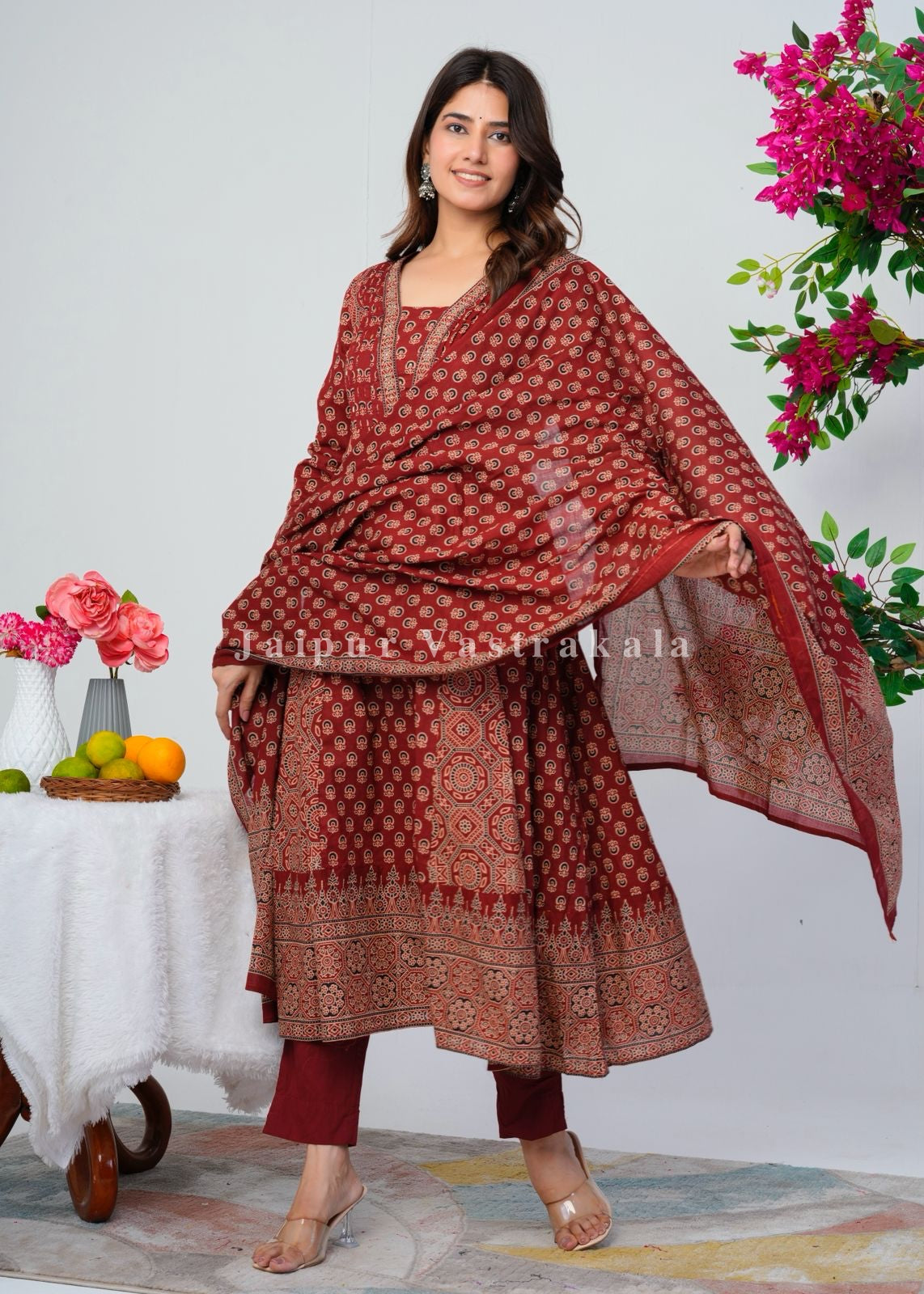 Maroon Ajrakh Layering Anarkali Suit