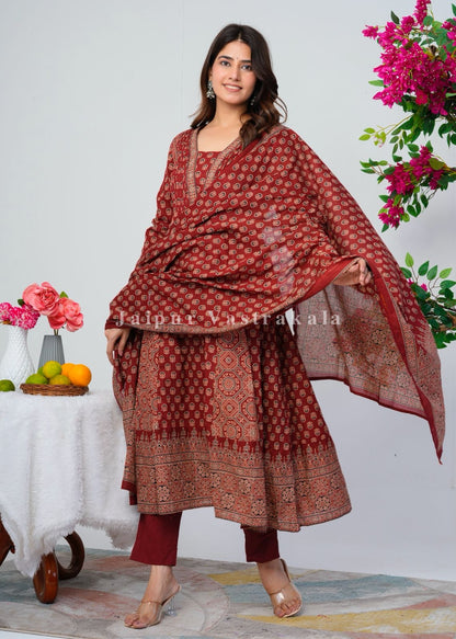 Maroon Ajrakh Layering Anarkali Suit