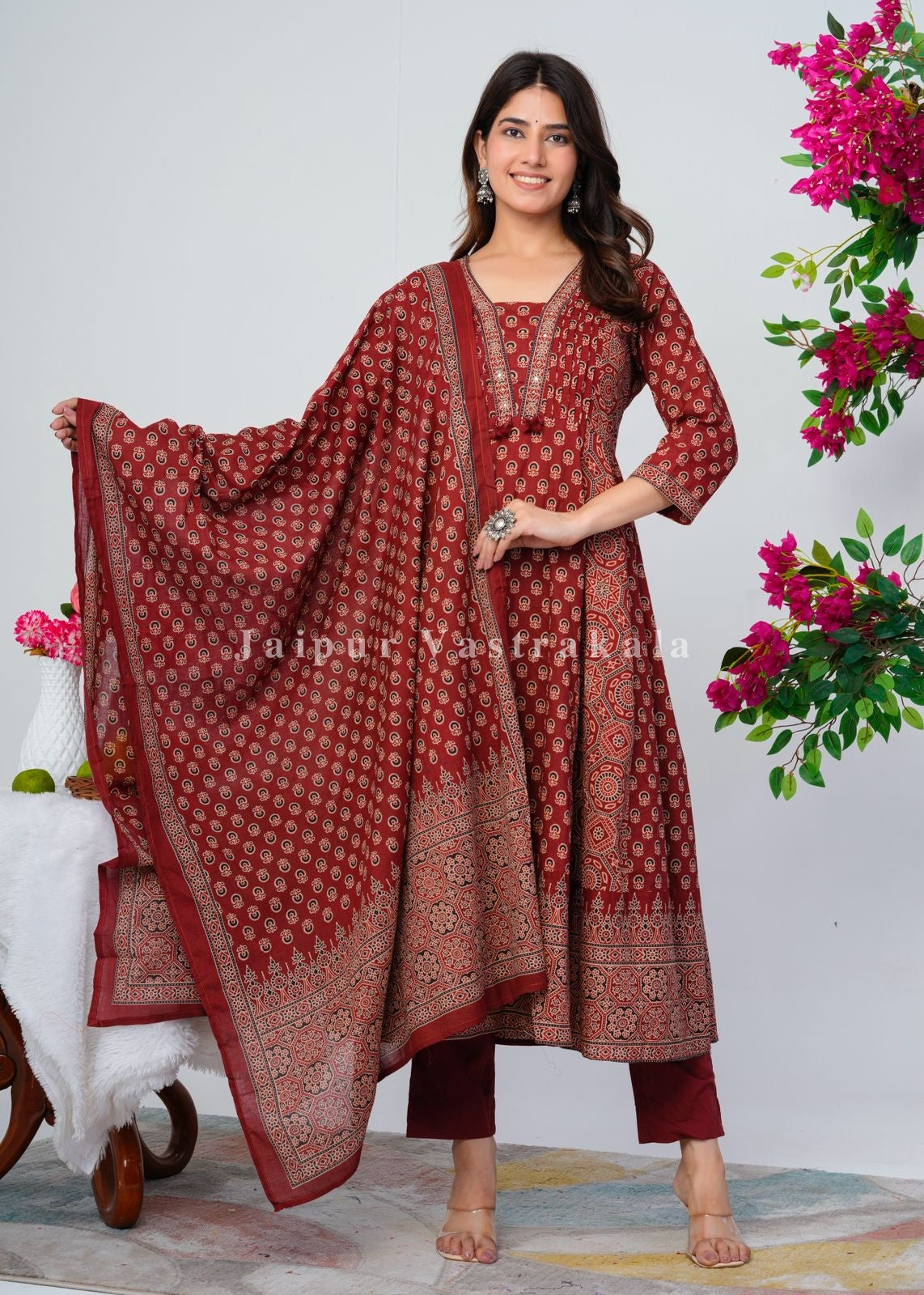 Maroon Ajrakh Layering Anarkali Suit