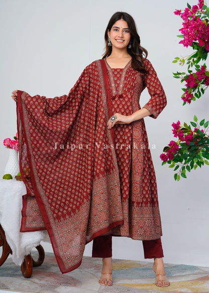 Maroon Ajrakh Layering Anarkali Suit